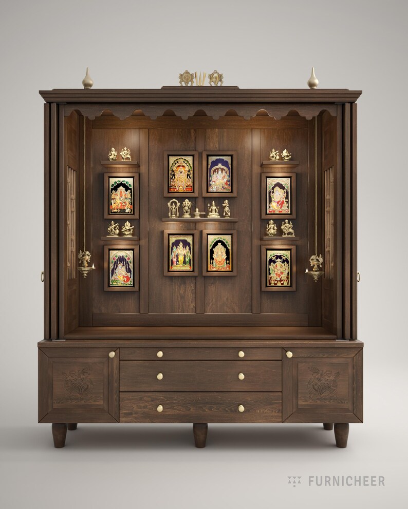 Large handcrafted wooden temple with brass lamps