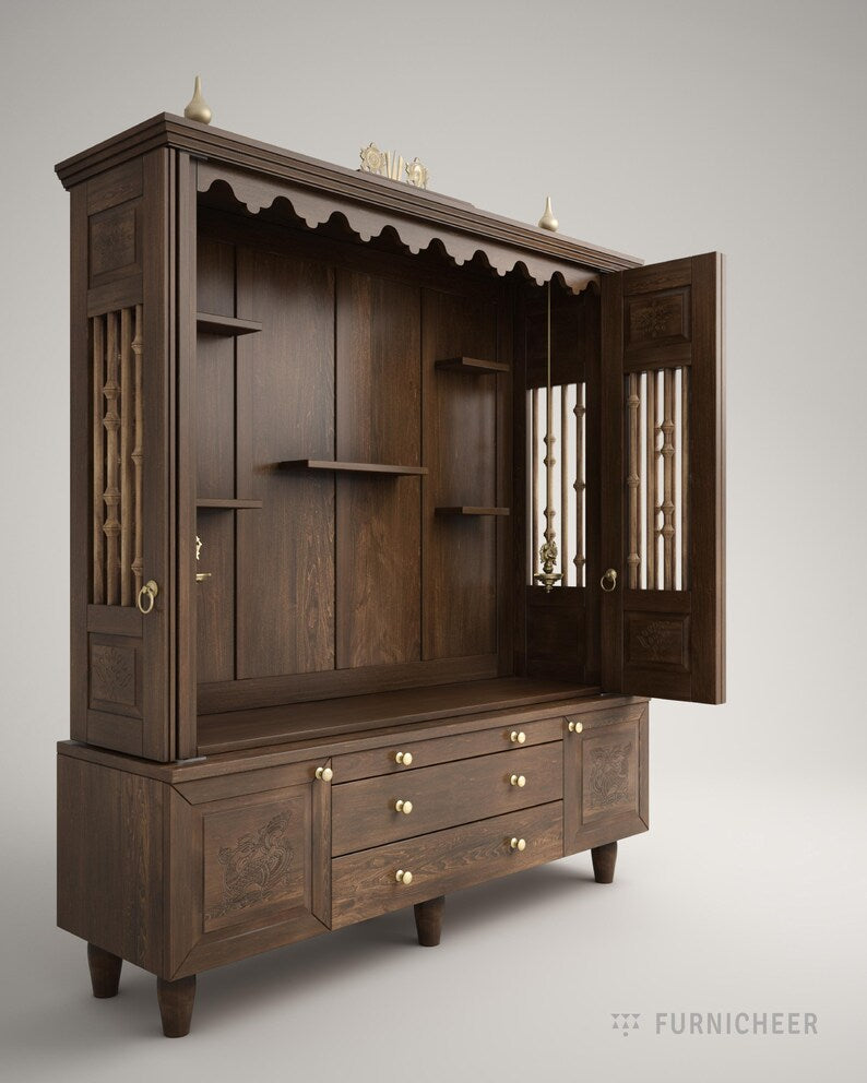 Free standing solid wood Hindu temple with bifold shutters