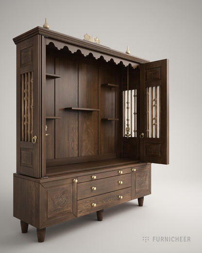Free standing solid wood Hindu temple with bifold shutters