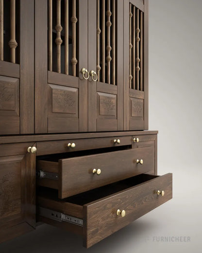Traditional wooden pooja mandir with storage drawers