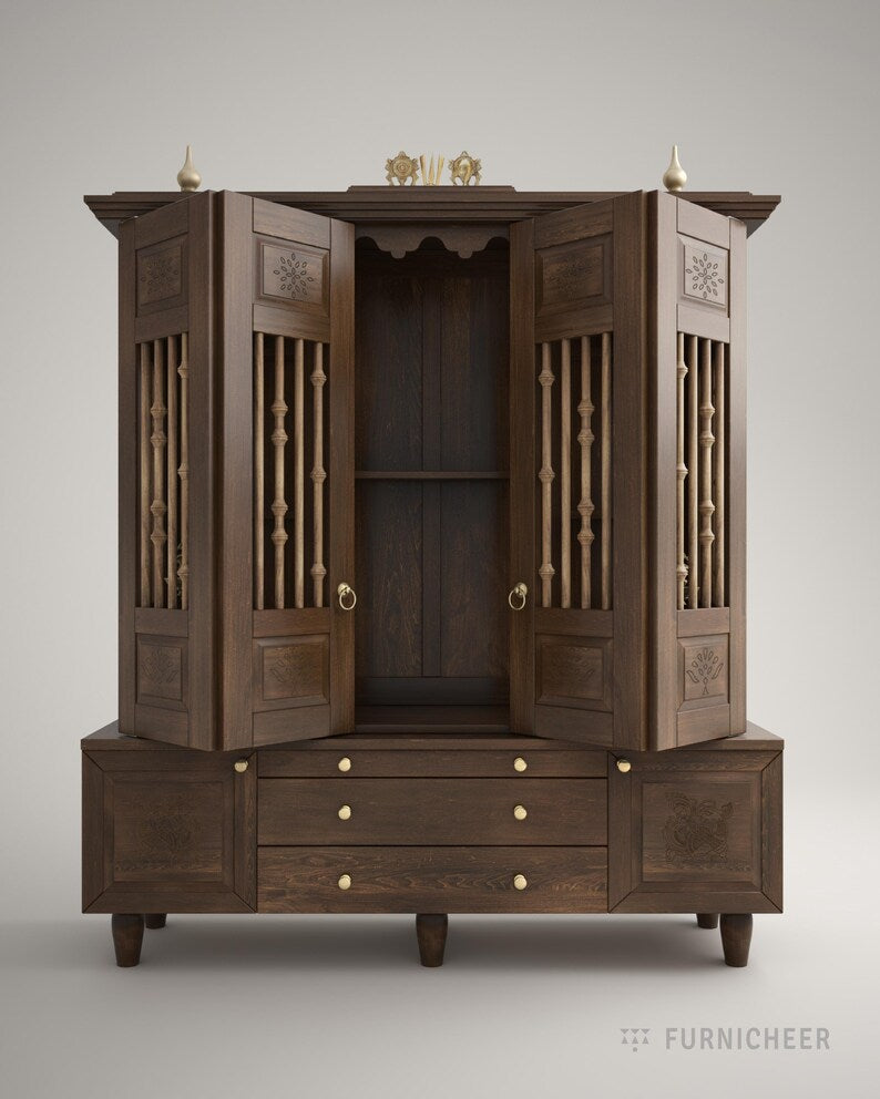 Mocha brown wooden temple with brass accents for home