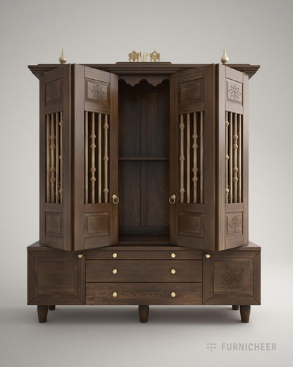 Mocha brown wooden temple with brass accents for home