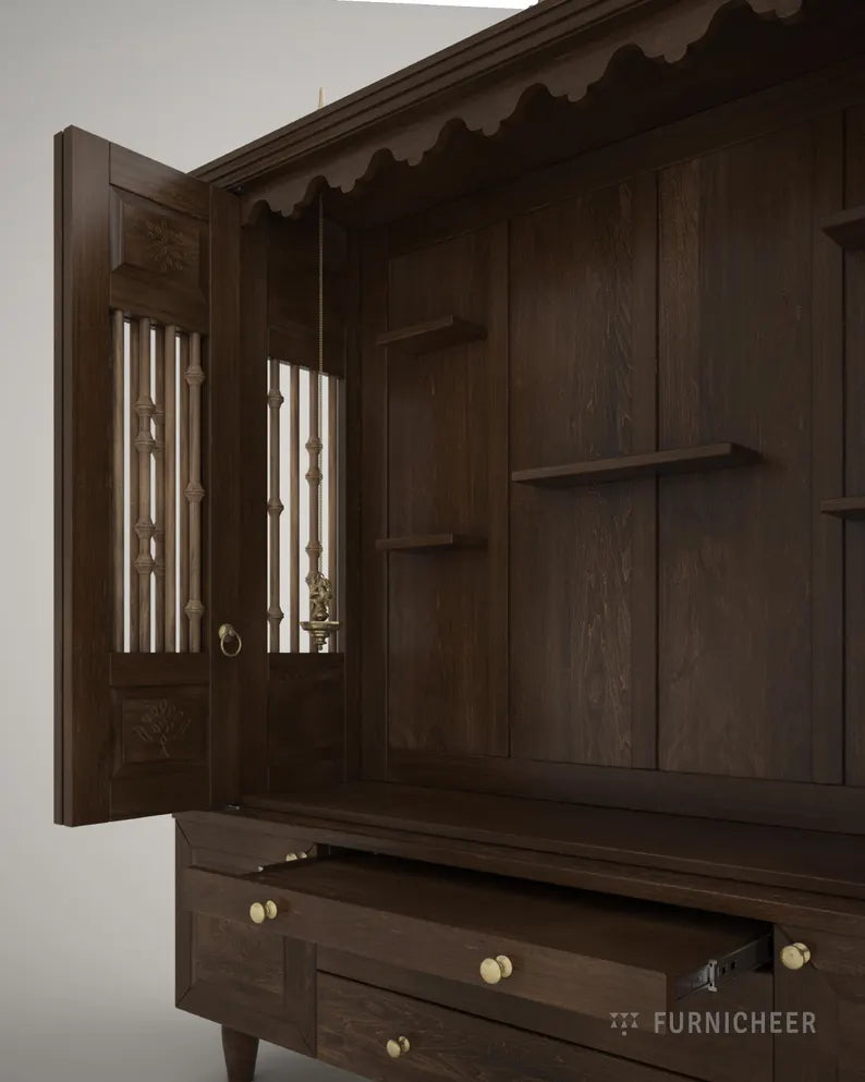 Solid Tulipwood pooja temple with bifold doors