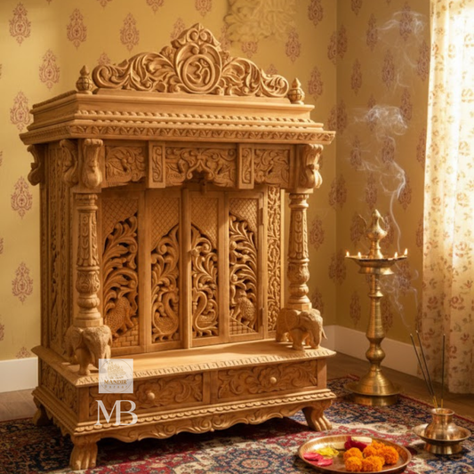 Handcrafted wooden Pooja Mandir for home with carved Om crown and elephant pillars