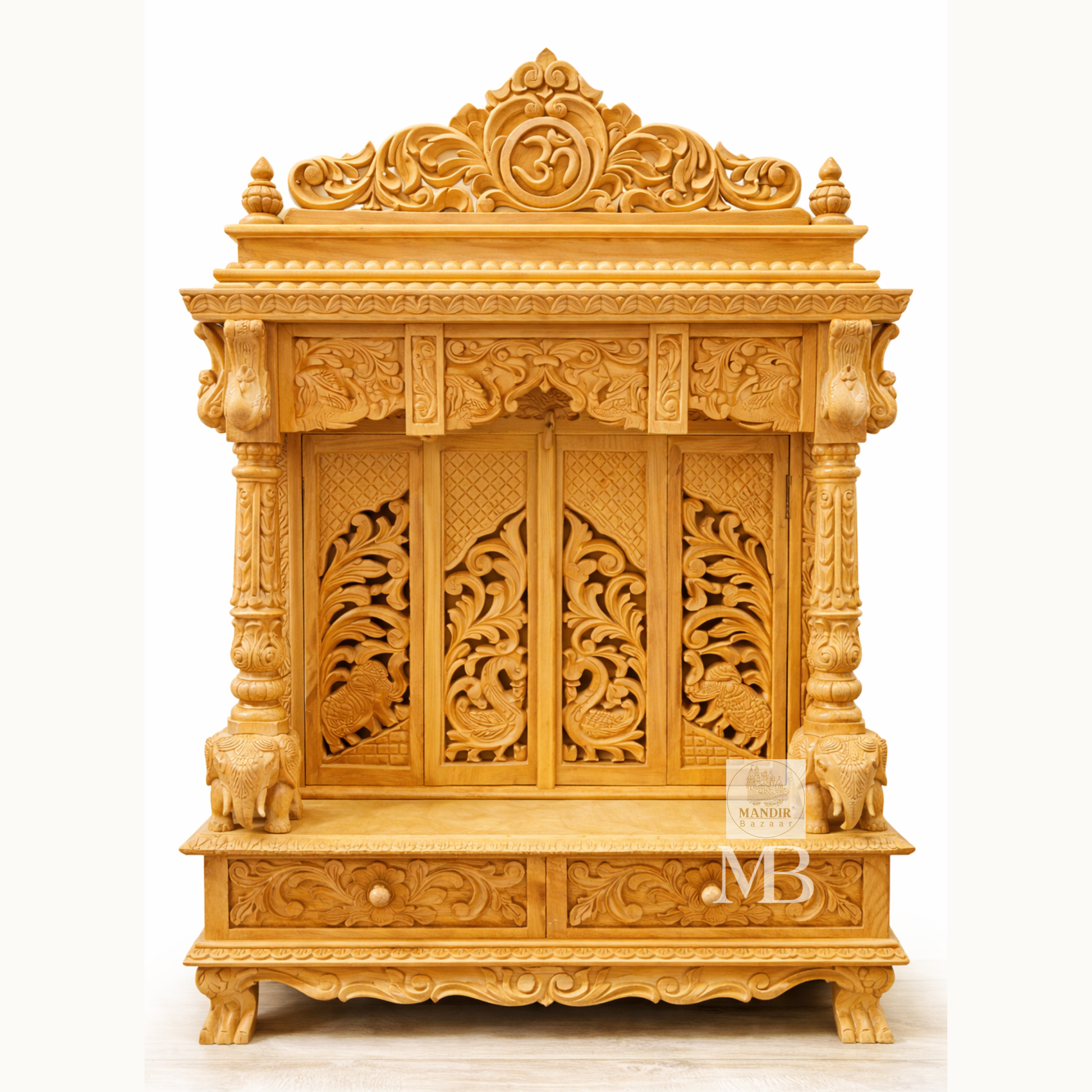Handcrafted wooden Pooja Mandir for home with carved Om crown and elephant pillars