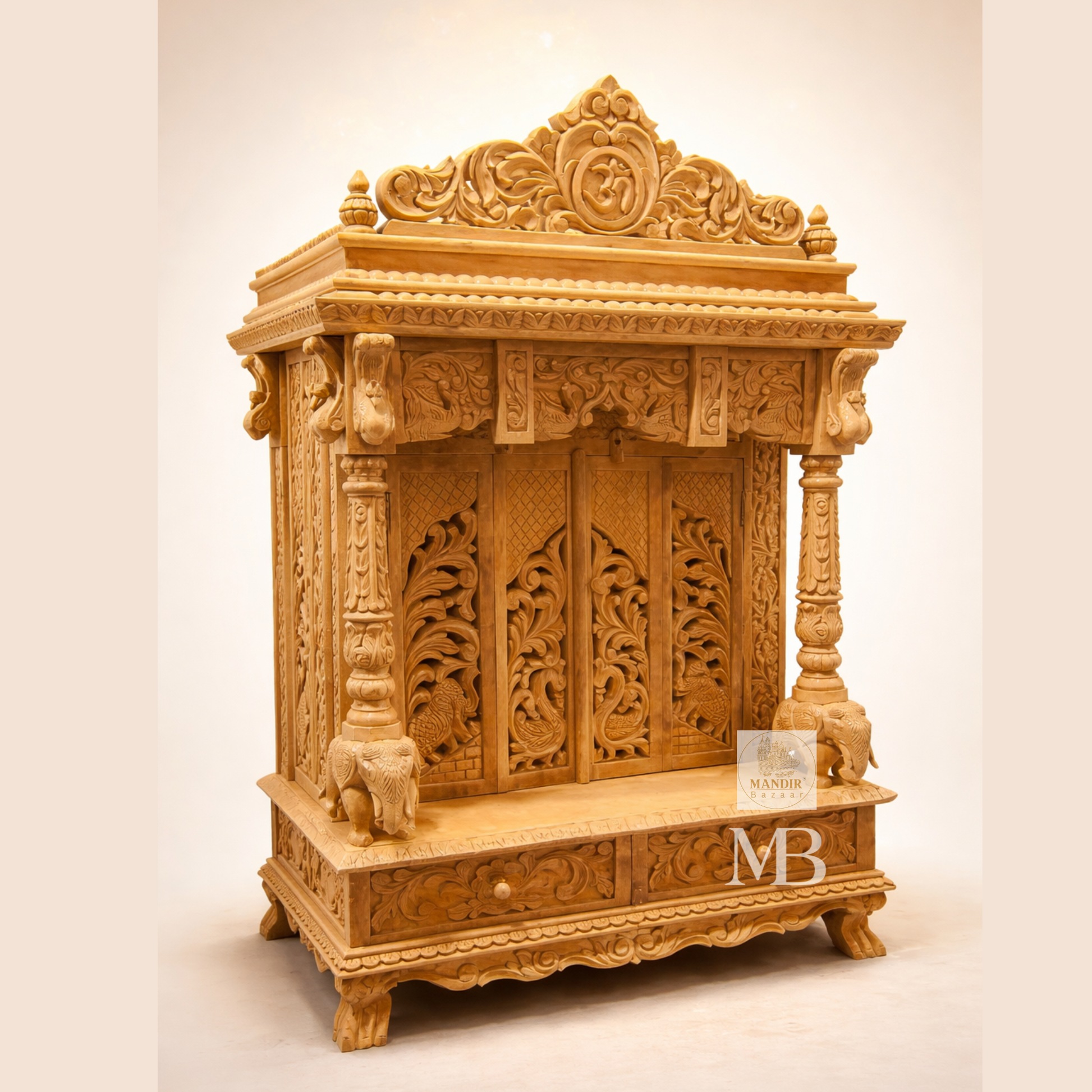 Handcrafted wooden Pooja Mandir for home with carved Om crown and elephant pillars