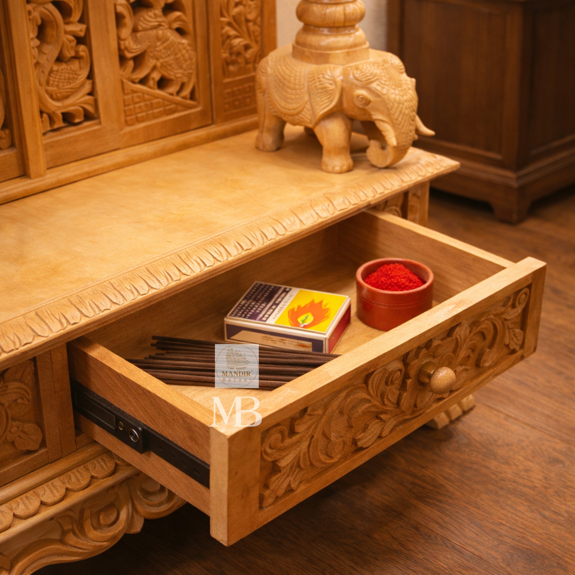 Handcrafted wooden Pooja Mandir for home with carved Om crown and elephant pillars