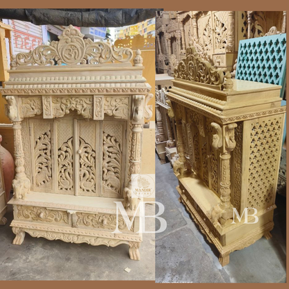 Handcrafted wooden Pooja Mandir for home with carved Om crown and elephant pillars