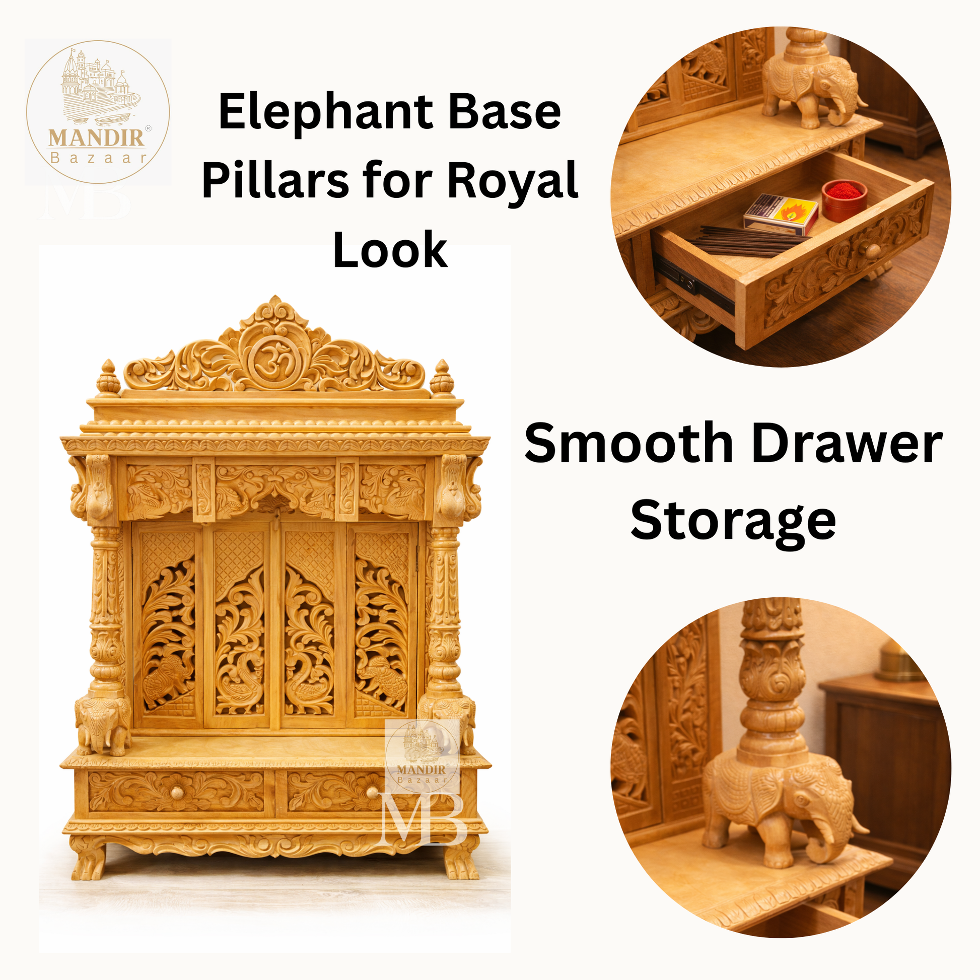 Handcrafted wooden Pooja Mandir for home with carved Om crown and elephant pillars