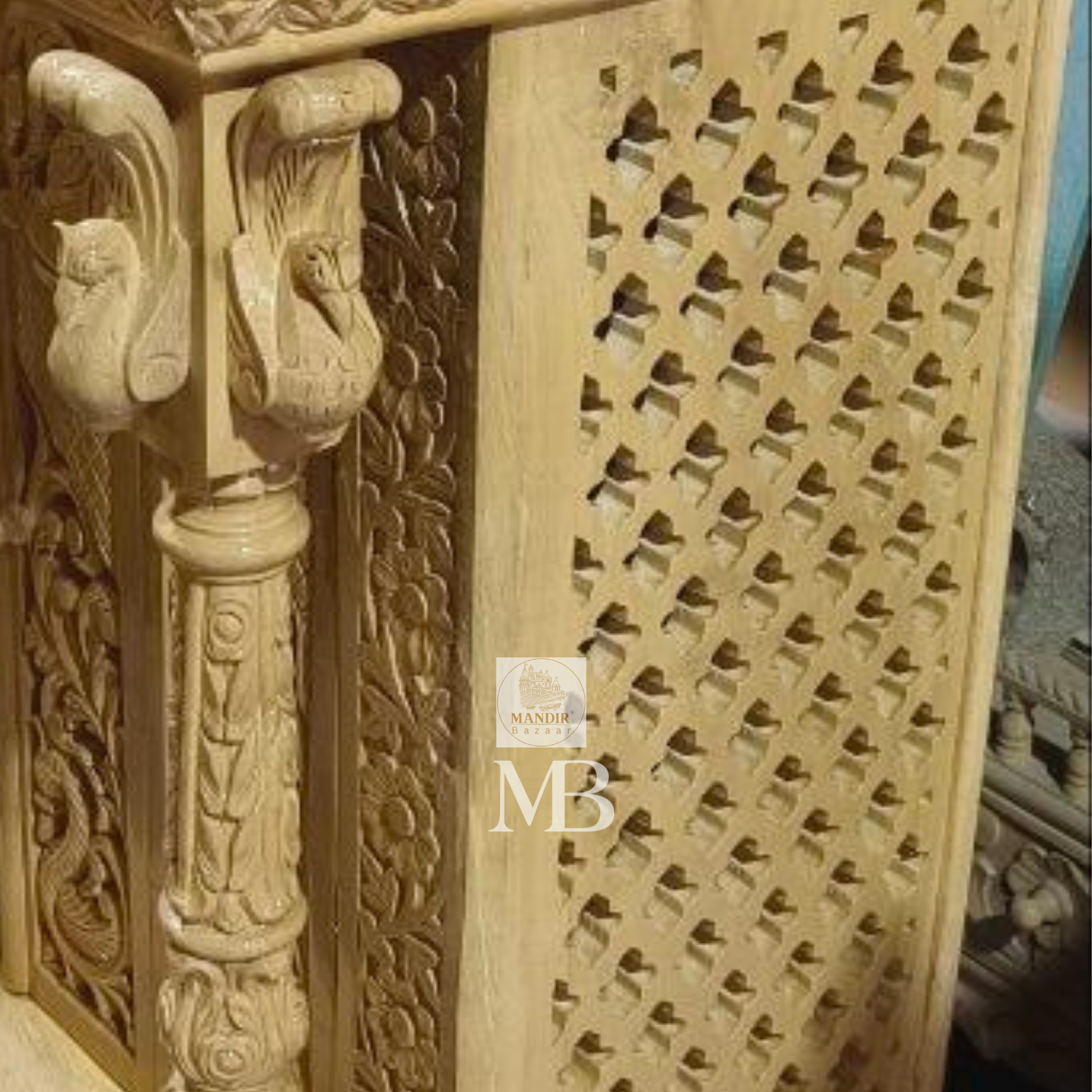 Handcrafted wooden Pooja Mandir for home with carved Om crown and elephant pillars