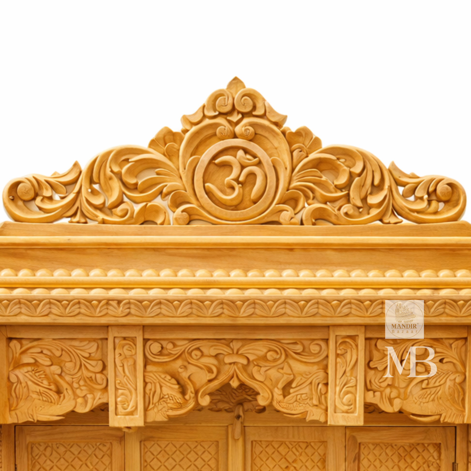 Handcrafted wooden Pooja Mandir for home with carved Om crown and elephant pillars
