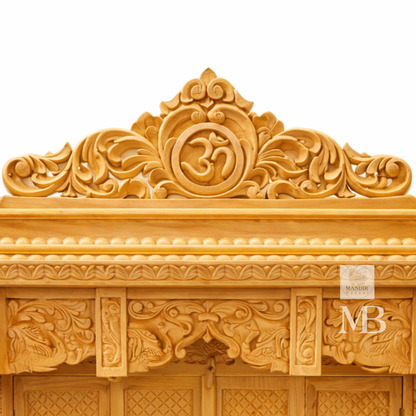 Handcrafted wooden Pooja Mandir for home with carved Om crown and elephant pillars