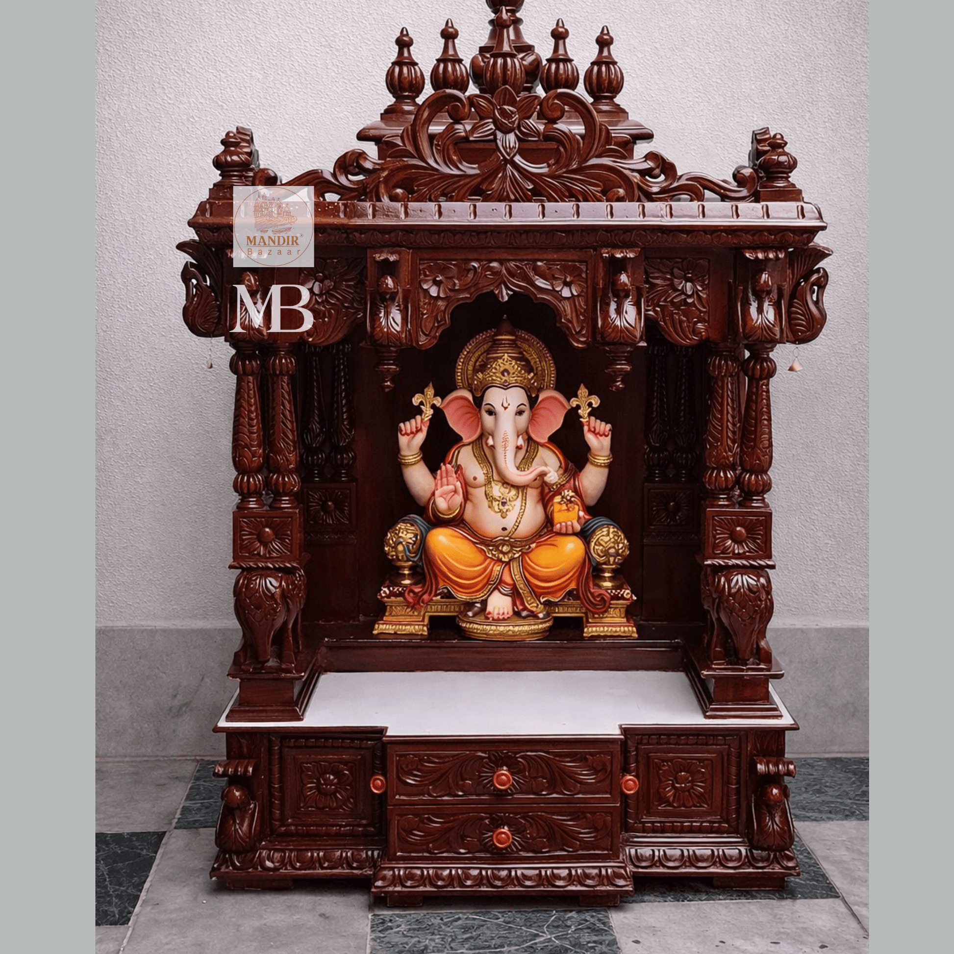 Wooden pooja mandir dimensions showing 48 inch height and 30 inch length
