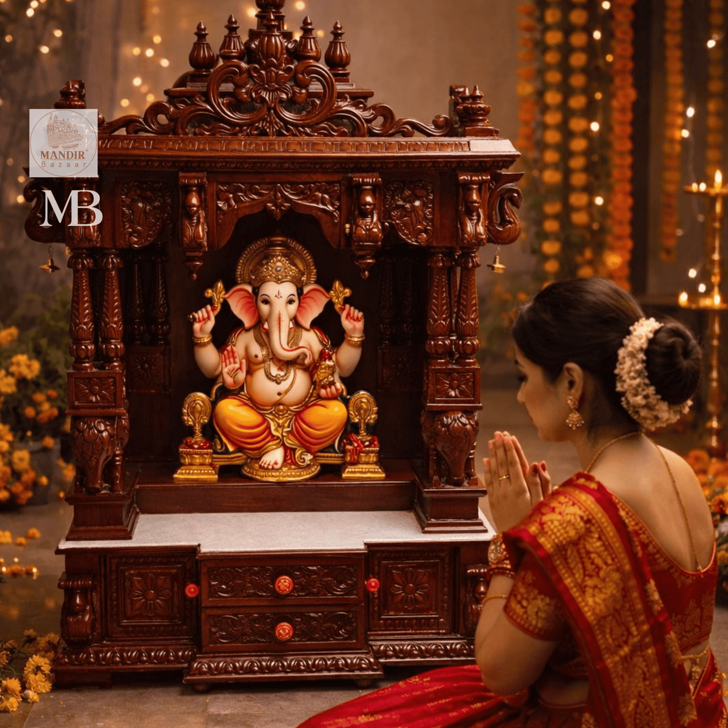 Wooden pooja mandir dimensions showing 48 inch height and 30 inch length