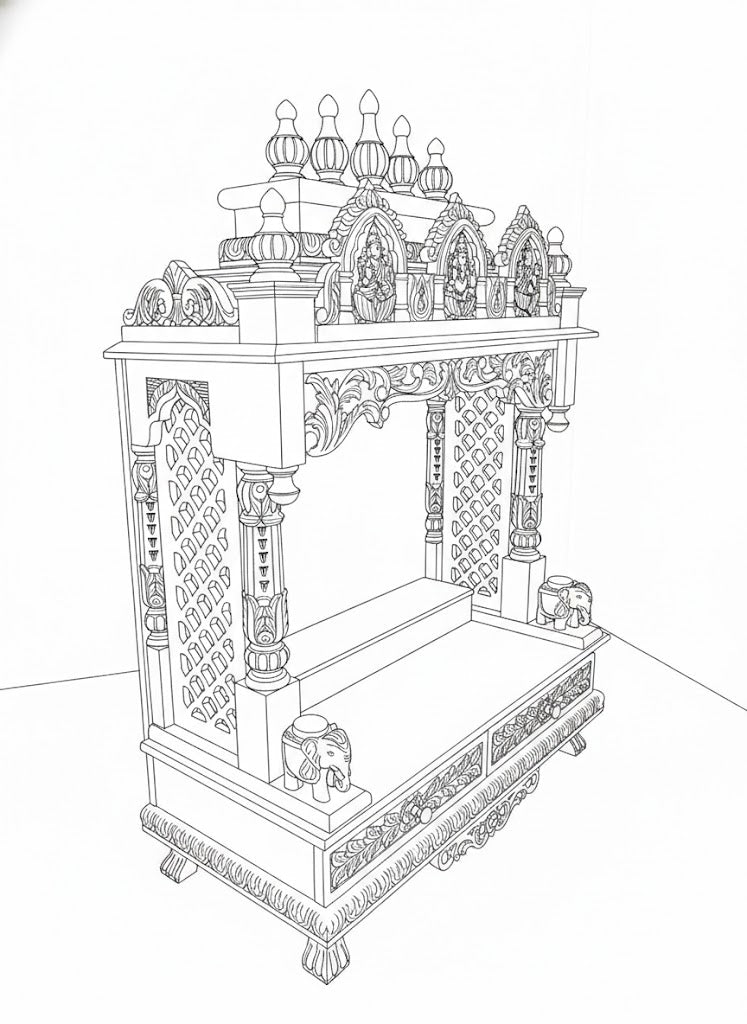 Handcrafted wooden pooja mandir with two storage drawers