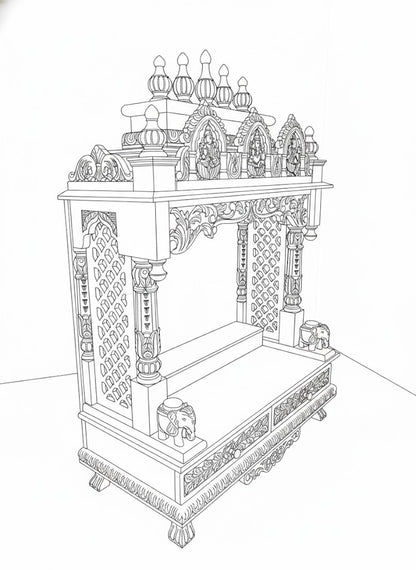 Handcrafted wooden pooja mandir with two storage drawers