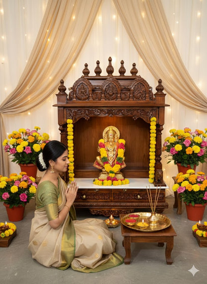 Traditional Indian wooden home temple with carved pillars and deity artwork