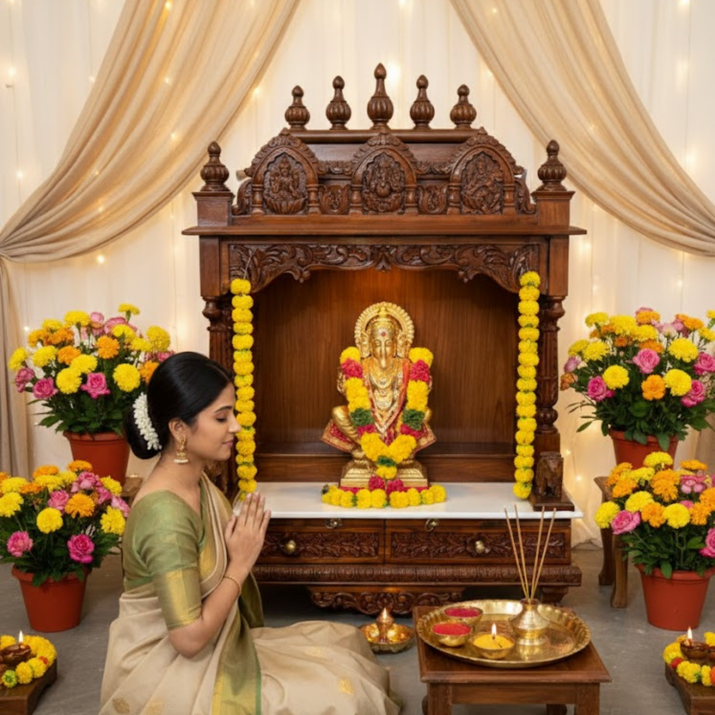 Handcrafted wooden pooja mandir for home with carved deities and marble platform