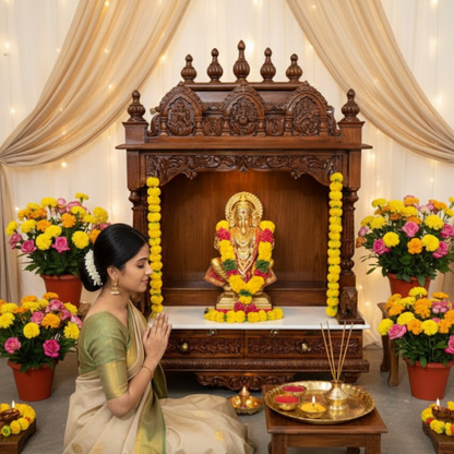 Handcrafted wooden pooja mandir for home with carved deities and marble platform