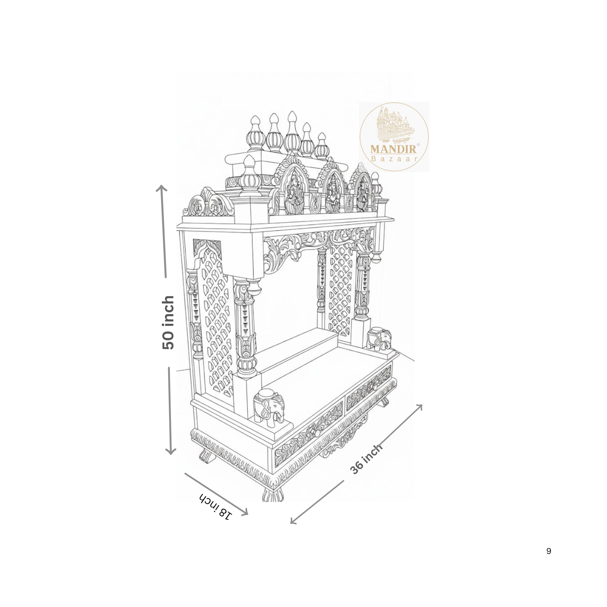 Wooden home temple with spacious white marble pooja platform