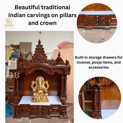 Hand carved wooden pooja mandir with traditional crown, Ganesha carving, ornate pillars, marble-look platform and storage drawers