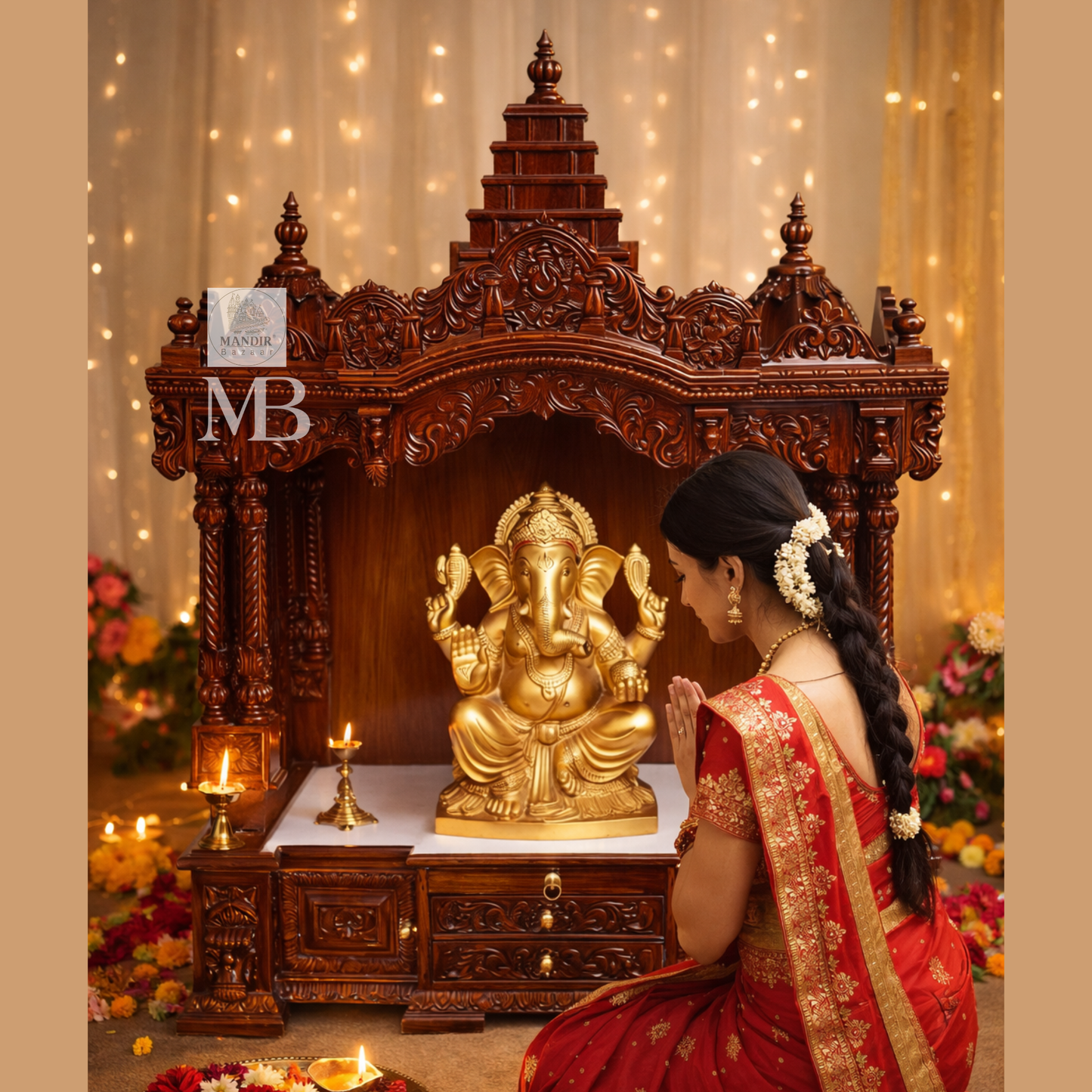Hand carved wooden pooja mandir with traditional crown, Ganesha carving, ornate pillars, marble-look platform and storage drawers