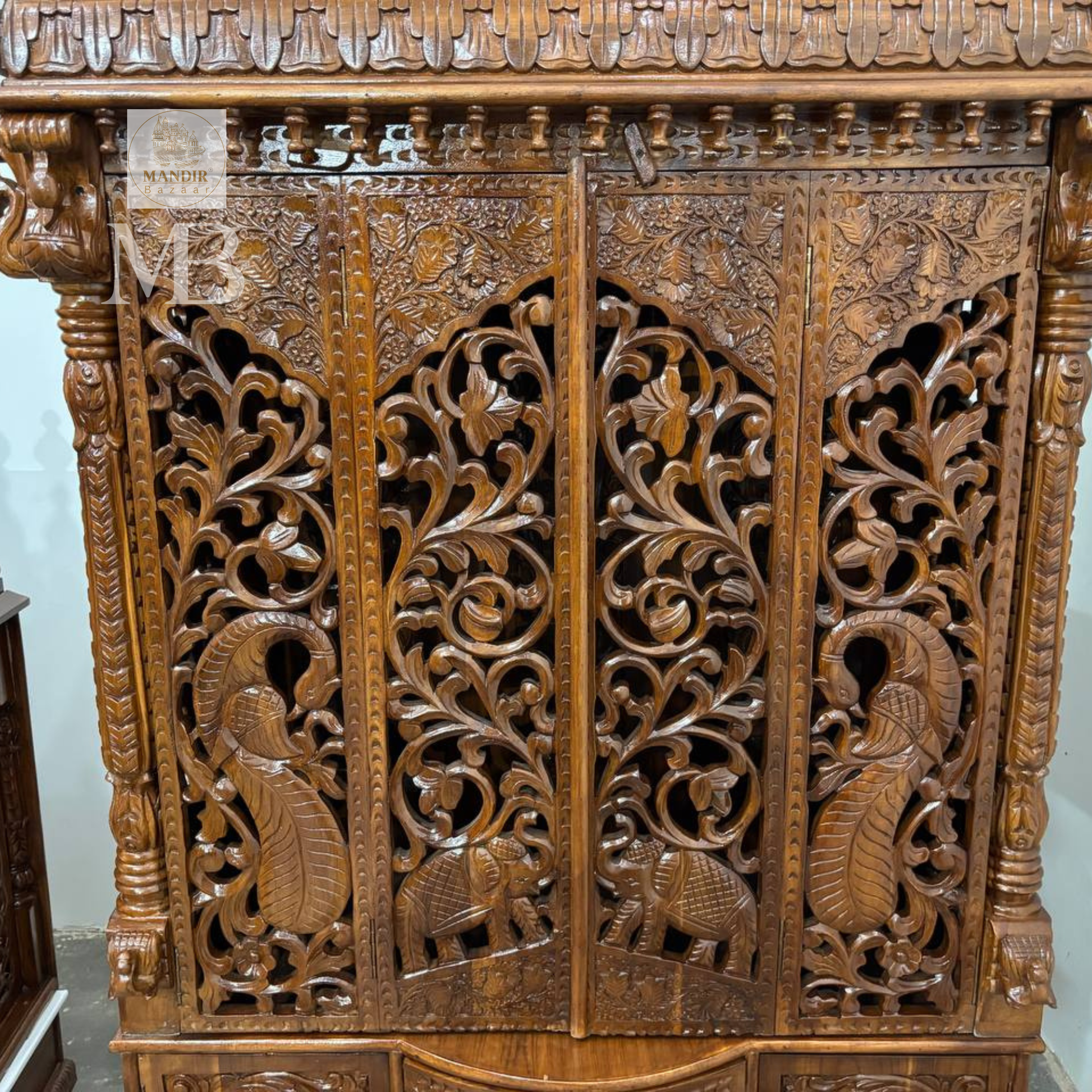 Wooden Hindu home temple cabinet with storage compartments