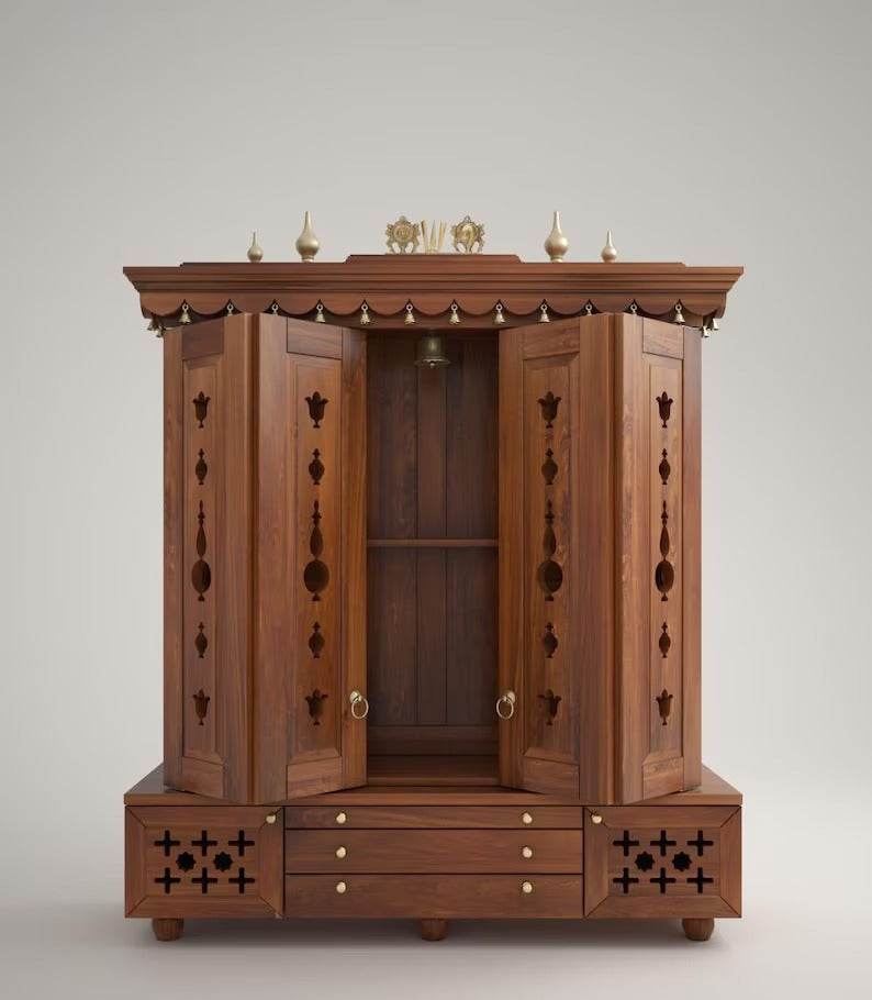 Handcrafted wooden mandir with lotus lattice shutters