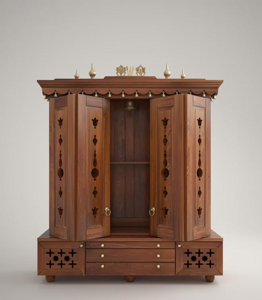 Handcrafted wooden mandir with lotus lattice shutters