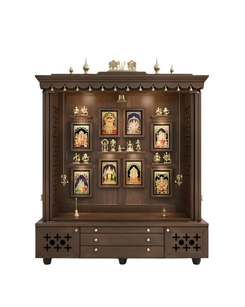 Handcrafted wooden mandir with lotus lattice shutters