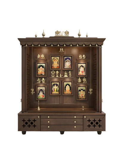 Handcrafted wooden mandir with lotus lattice shutters
