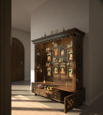 Handcrafted wooden mandir with lotus lattice shutters