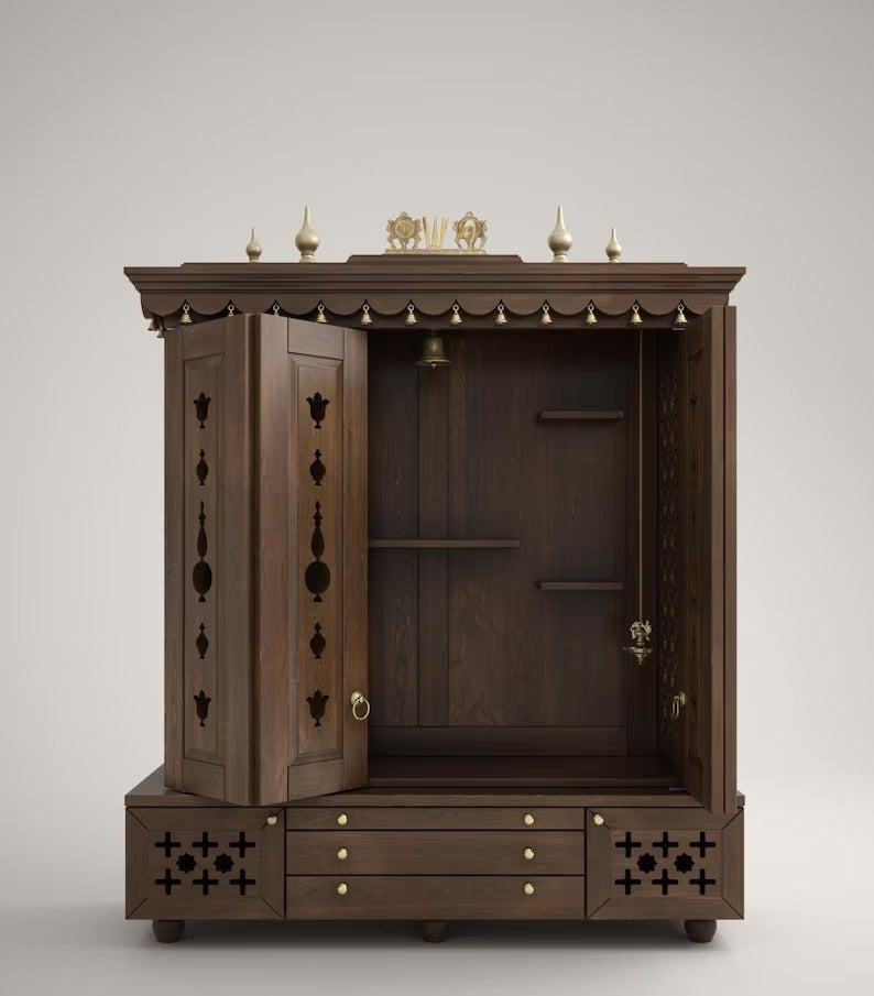 Solid wood Hindu temple with brass hanging lamps