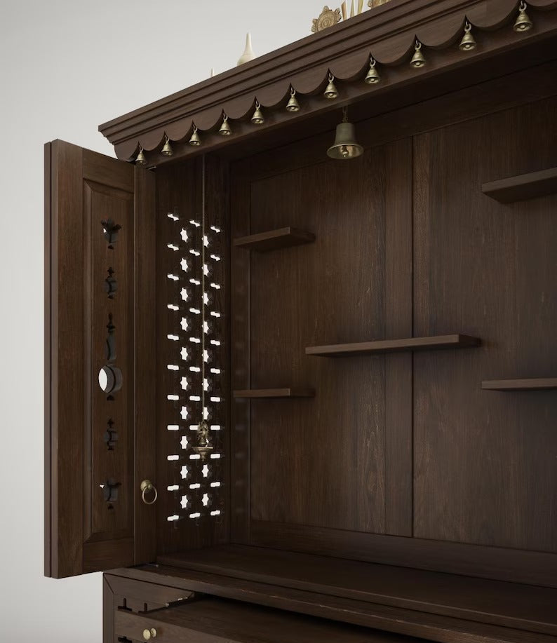 Wooden pooja mandir with storage drawers and tray