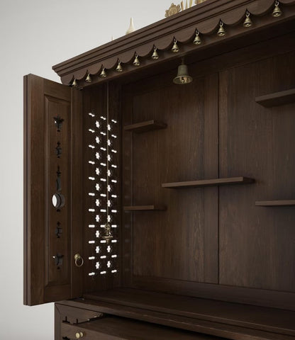 Wooden pooja mandir with storage drawers and tray