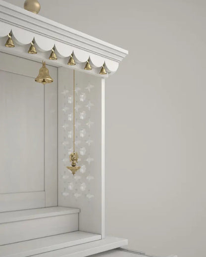 Elegant white wooden pooja temple with storage shelves