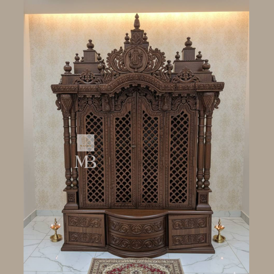 Luxury handcrafted wooden pooja mandir with illuminated OM LED back panel, side jali folding doors, solid teak wood, walnut brown finish, traditional Hindu temple for home by Mandir Bazaar.