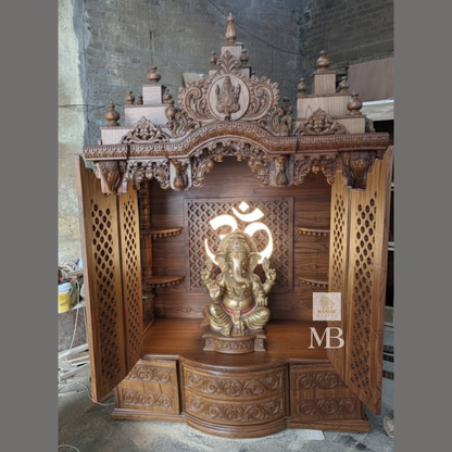Luxury handcrafted wooden pooja mandir with illuminated OM LED back panel, side jali folding doors, solid teak wood, walnut brown finish, traditional Hindu temple for home by Mandir Bazaar.