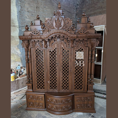 Luxury handcrafted wooden pooja mandir with illuminated OM LED back panel, side jali folding doors, solid teak wood, walnut brown finish, traditional Hindu temple for home by Mandir Bazaar.