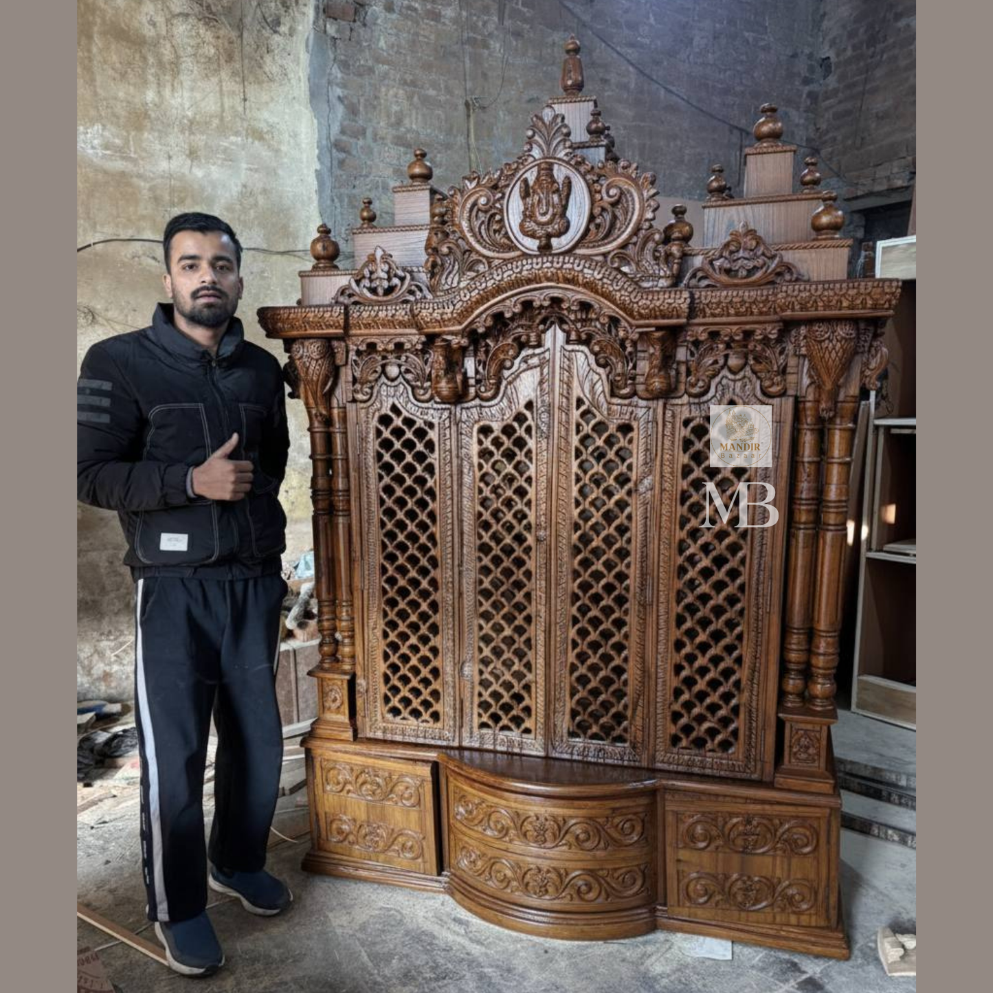 Luxury handcrafted wooden pooja mandir with illuminated OM LED back panel, side jali folding doors, solid teak wood, walnut brown finish, traditional Hindu temple for home by Mandir Bazaar.