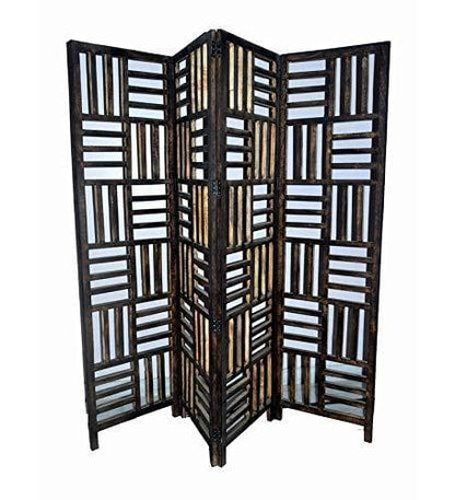 Solid Wood 4 Panel Room Wooden Partition (Brown) for Living Room