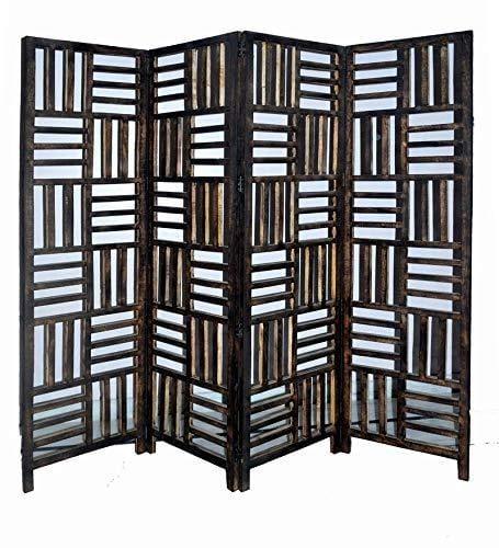 Solid Wood 4 Panel Room Wooden Partition (Brown) for Living Room